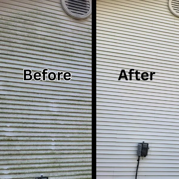 Before and after pressure washing comparison on vinyl siding